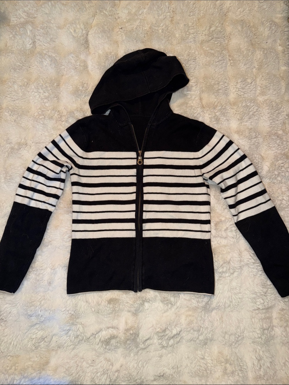 Black and White Striped Zip Hoodie Sweater